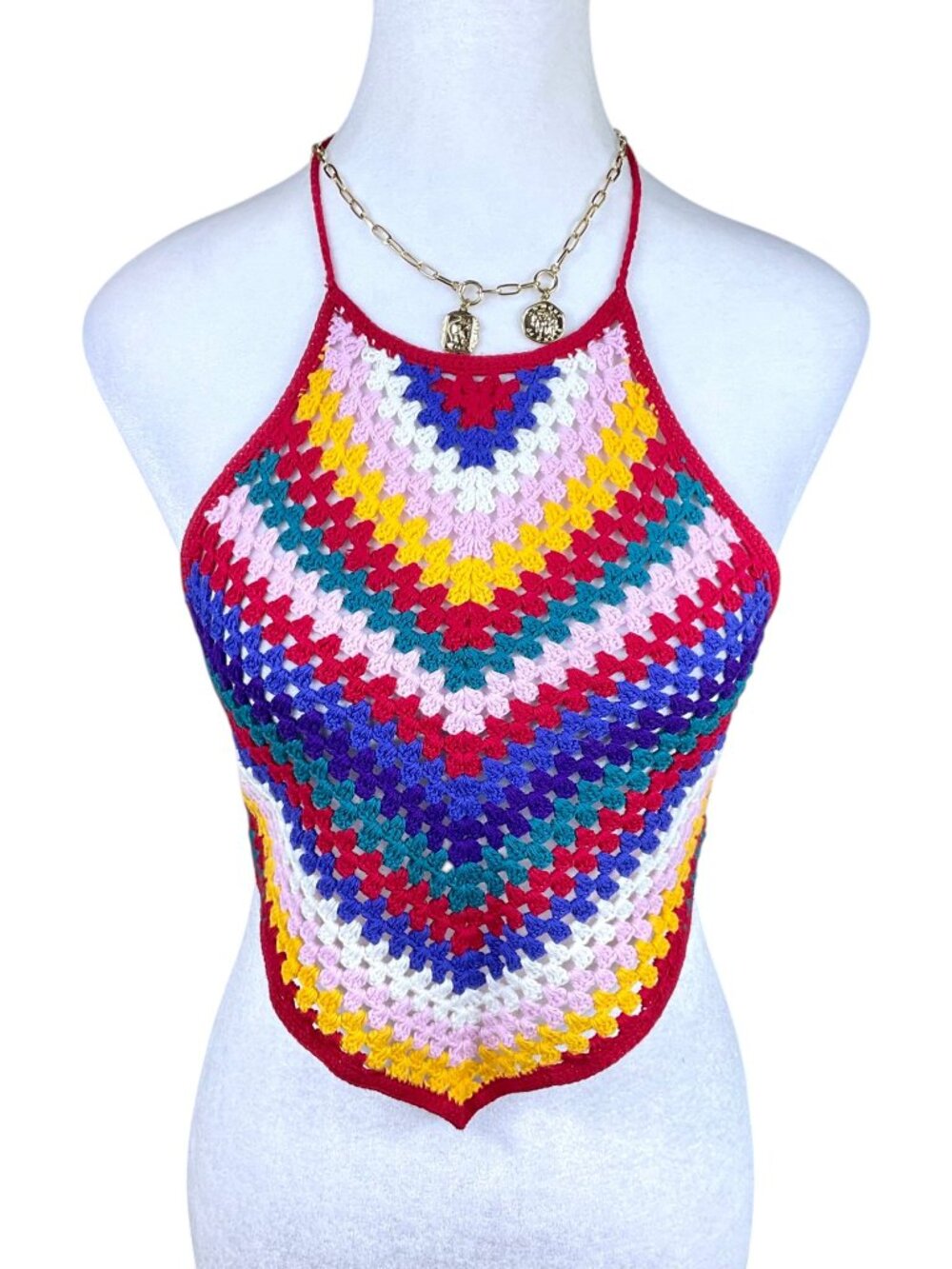 Forever 21 Halter Top Crochet Colorful Tie Back Boho (M)